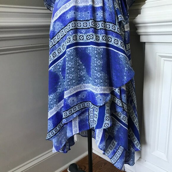 Parker Dominica Midi Dress Womens Medium Blue White Faux Wrap Dolman Sleeve - Picture 7 of 11